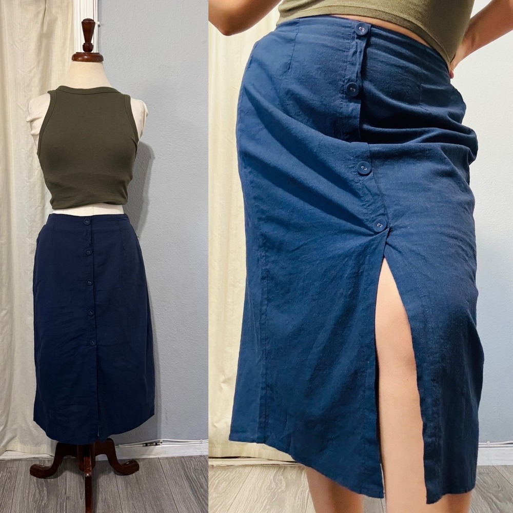Shein Women Navy Blue Midi Peasanst Button Front Elastic Waist Cotton Skirt Sz M